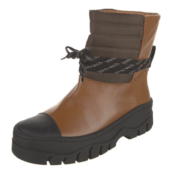 GANNI Quilted Leather Lace-Up Platform Boots Brown & Black...